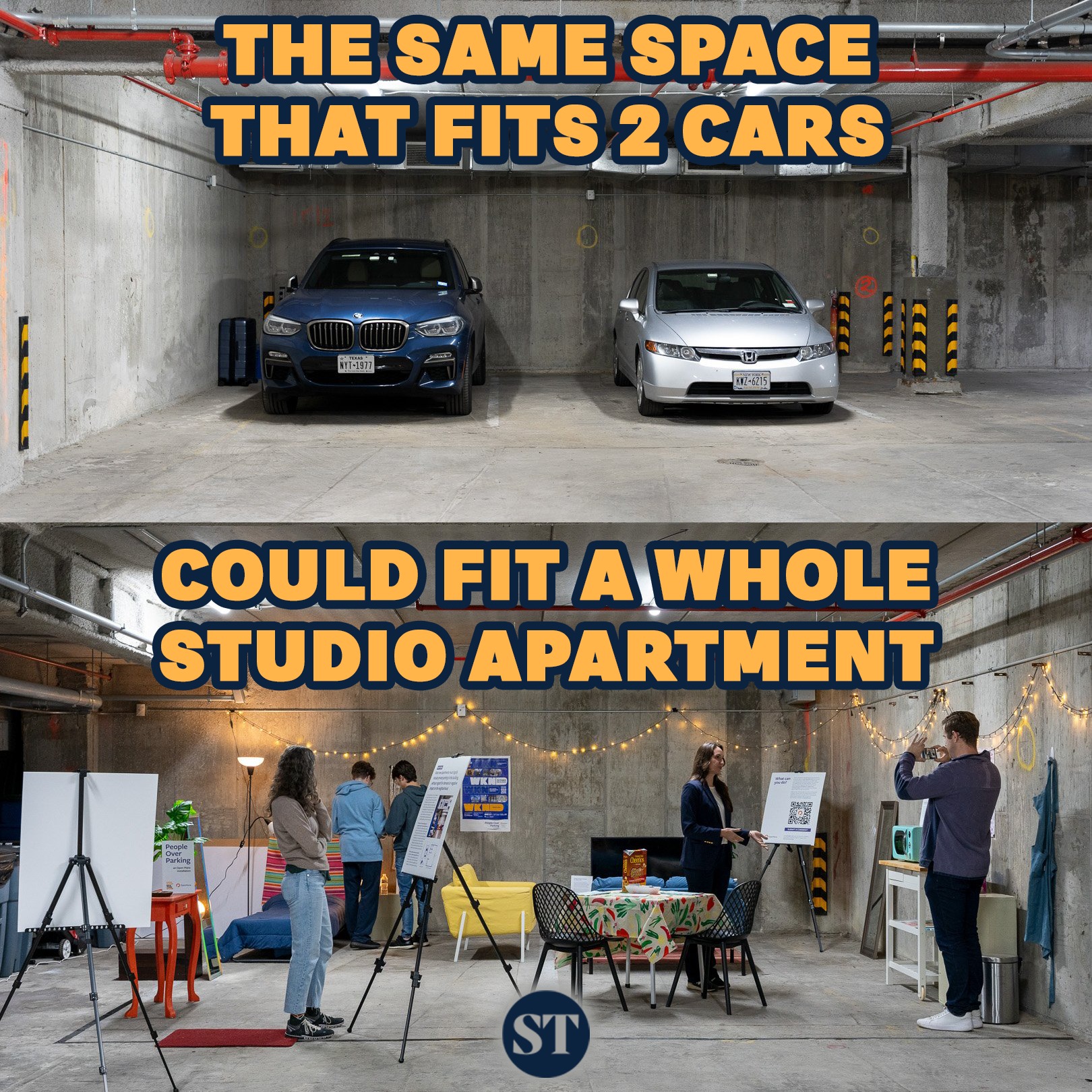 The meme is a humorous comparison between the space needed for two cars to park and the space needed for a whole studio apartment. The top image shows two cars parked in a parking space, with the text "The same space that fits 2 cars" above it. The bottom image shows a group of people in a small, cramped space, with the text "Could fit a whole studio apartment" above it, implying that the space is actually much larger than it appears.